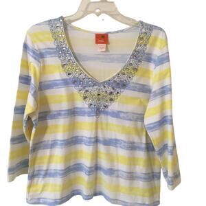 Hearts of Palm L Blue & Yellow Embellished, Embroidered, 3/4 Sleeve V-neck Top